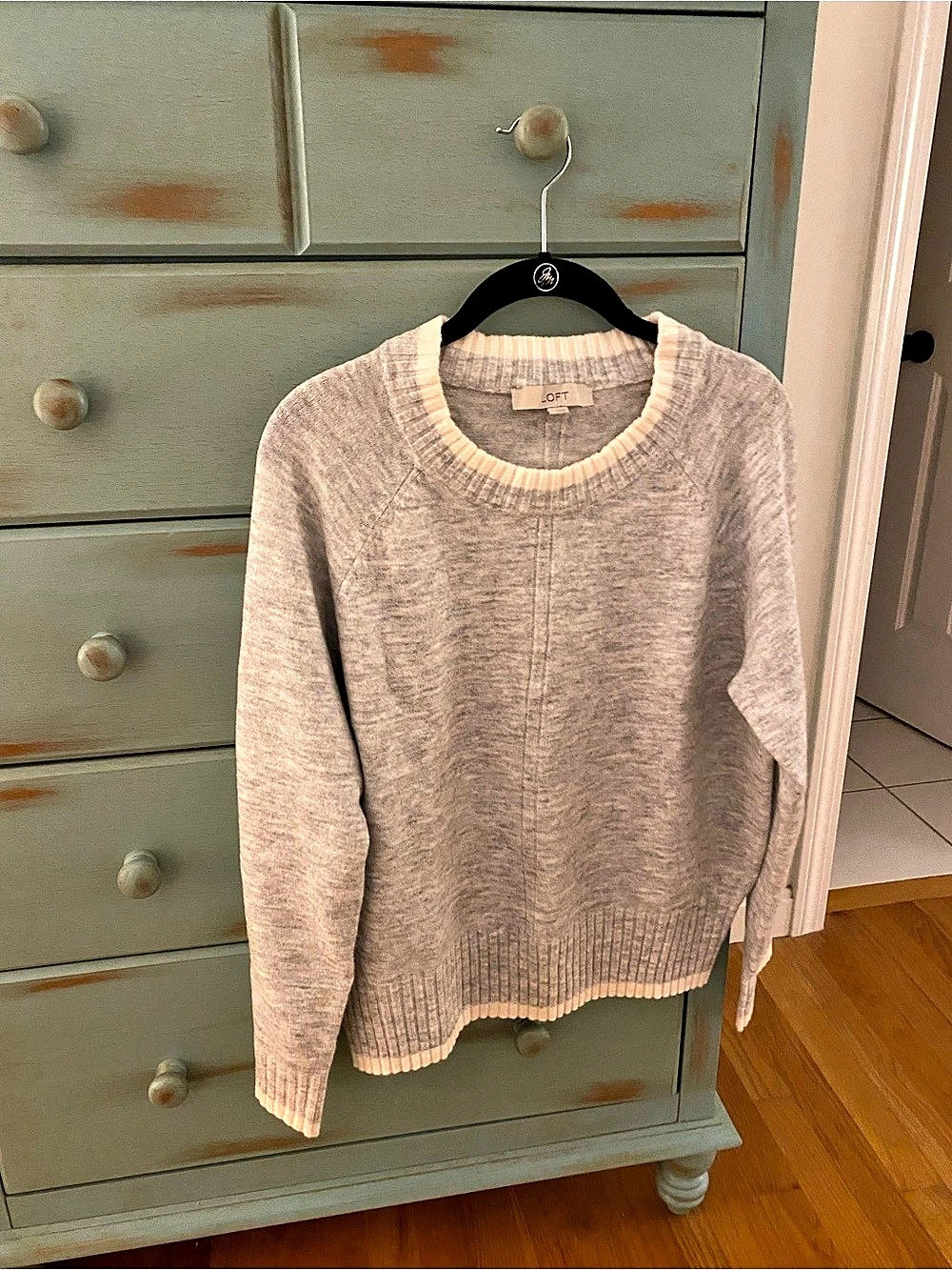 LOFT Heathered Ribtrim Sweater Gray & Cream